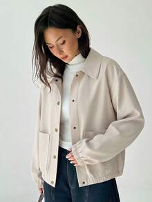 Aloruh 女款素色長袖單排扣休閒夾克 - 米色 - 查看 6