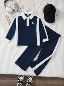 SHEIN 2pcs/Set Boys Minimalist Classic Black & White Matching Outfit, Top With 3D Letter Embroidery, Pants With Cuffed Hem & Patchwork Design, Casual Sporty Style For Daily Wear & School - Navy Blue - View 7