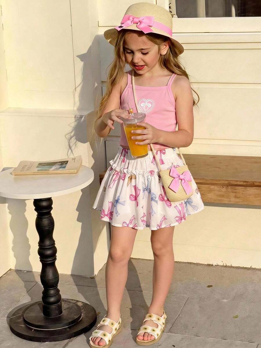 SHEIN 2pcs/Set Young Girl Light Pink Knitted Heart & Bow Camisole Top And Colorful Bow Print Shorts,Summer Outfits Birthday Vacation Holiday Set For Girl - Multicolor - View 1
