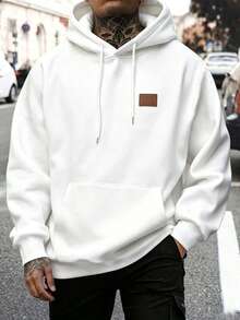 Manfinity Homme Men's Hoodie, Pure White Hooded Sweatshirt, With Pocket And Drawstring, Chest Patch Decoration Design, Simple Casual Versatile Basic Style, Spring Summer Autumn Popular Sweatshirt, Casual Comfortable Versatile, Suitable For Outings, Street Photography, Home, Travel, Vacation, Daily Wear - White - View 3