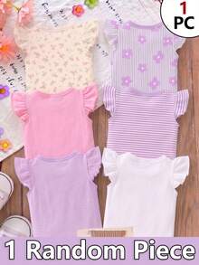 1 buah Atasan Lengan Bergelombang untuk Bayi Perempuan, Gaya Liburan Kasual, Motif Garis, Bunga, dan Pita, Kaos Cetak Warna-warni, Desain Minimalis Klasik, Modis dan Serbaguna, Cocok untuk Acara Musim Panas, Liburan, dan Pakaian Sehari-hari - MultiWarna - View 2