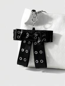 ROMWE Goth 1件裝 龐克哥德風黑色亮面皮革金屬孔眼多層複雜手工蝴蝶結DIY鑰匙圈包包吊飾，女孩配戴節日禮物 - 黑色-36 - 查看 2