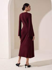 Graceveil Women's Round Neck Long Sleeve Slim Fit Flattering Autumn/Winter Sweater Dress - Burgundy - View 2