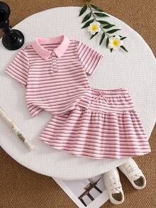 Girls' Summer Striped Polo Set, Classic Pink And Brown Striped Combination, Suitable For All Skin Tones - Pink - View 7