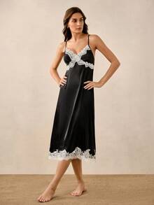 Hourtrue Vestido de satén con encaje de color contrastante, elegante y romántico para mujer de estilo francés maduro - Negro - Ver 3