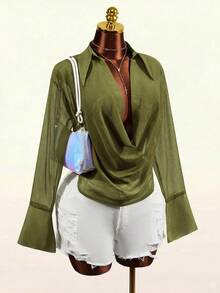 Mistrie Women's Cowl Neck Chiffon Sheer Blouse Night Out Going Out Date Night Olive Green Summer Sexy - Green - View 1