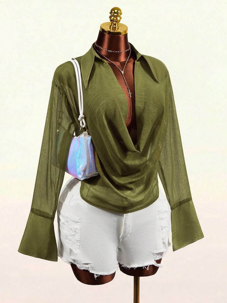 Mistrie Women's Cowl Neck Chiffon Sheer Blouse Night Out Going Out Date Night Olive Green Summer Sexy - Green - View 1