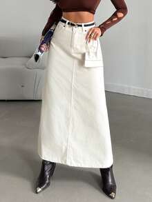 SHEIN Plus High Waist Regular Fit Button Front Casual Style Beige Color Rinse Wash Denim Skirt - Beige - View 3