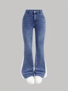 Girlism Teen Girl Contrast Lace Casual Flare Jeans - Medium Wash - View 5