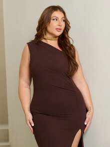 Lele Munniz Plus Size Women's Solid Color One Shoulder Sleeveless Side Slit Hem Fashion Dress Cocktail Brown Summer Sexy Elegant - Brown - View 5