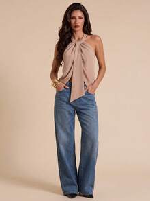 Bluhae Elegant Solid Halter Cowl Neck Top, Long Drape Tie Sleeveless Slim Fit Camisole - Khaki - View 1