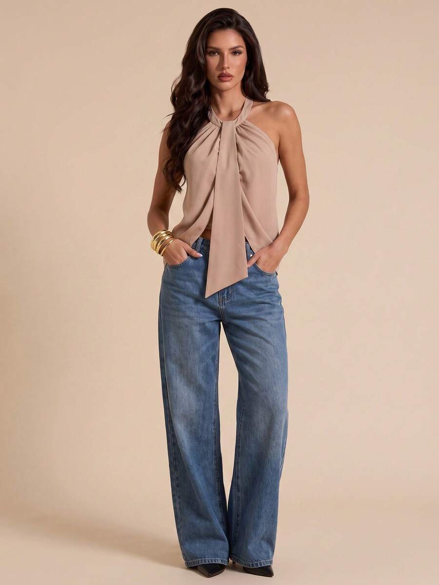Bluhae Elegant Solid Halter Cowl Neck Top, Long Drape Tie Sleeveless Slim Fit Camisole - Khaki - View 1