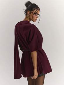 SHEIN BAE Women Deep Burgundy Wool Blend Cropped Jacket With Asymmetric Panel Design, Round Neck Oversized Coat With Belt, Elegant Chic For Office & Art Events - Burgundy - View 2