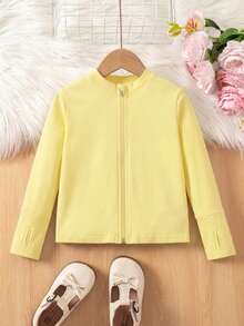 SHEIN 女童素色拉鍊休閒日常長袖外套 - 黃色 - 查看 7