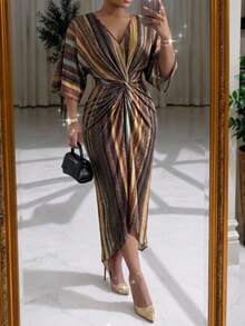 SHEIN Lady 大尺碼時尚通勤條紋打結修身洋裝，秋季正式婚禮賓客派對休閒優雅款 - 彩色 - 查看 1