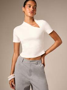AiiRZ Asymmetric V-Neck Ribbed Knit Crop T-Shirt Fitted Short Sleeve Casual Summer Essential Top - White - View 6