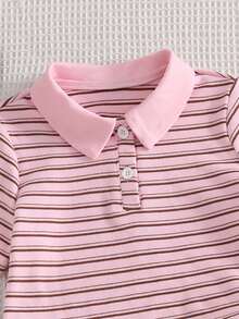 Girls' Summer Striped Polo Set, Classic Pink And Brown Striped Combination, Suitable For All Skin Tones - Pink - View 5