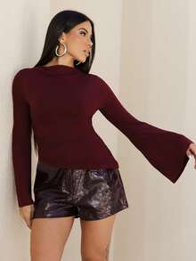 Maju Mazalli Crew Neck Ruched Flare Sleeve Cinched Waist Asymmetric Hem Burgundy Versatile T-Shirt,Red Top,Fall,Fall Clothes For Women Casual - Burgundy - View 5