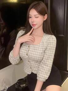 DAZY Women's Plaid Square Neck 3/4 Sleeve Cardigan Blouse For Spring/Autumn Banquet And Back To School - Beige - View 4