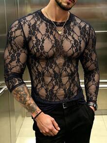 ZURIURI Men's Elegant Streetwear Sexy Casual Lace Sheer Long Sleeve T-Shirt Halloween Club Party Black Floral Autumn - Black - View 7