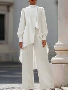 SHEIN Franclia Women's Solid Color Stand Collar Puff Long Sleeve Asymmetrical Hem Blouse And Wide Leg Pants Elegant 2 Pieces Set - White - View 1