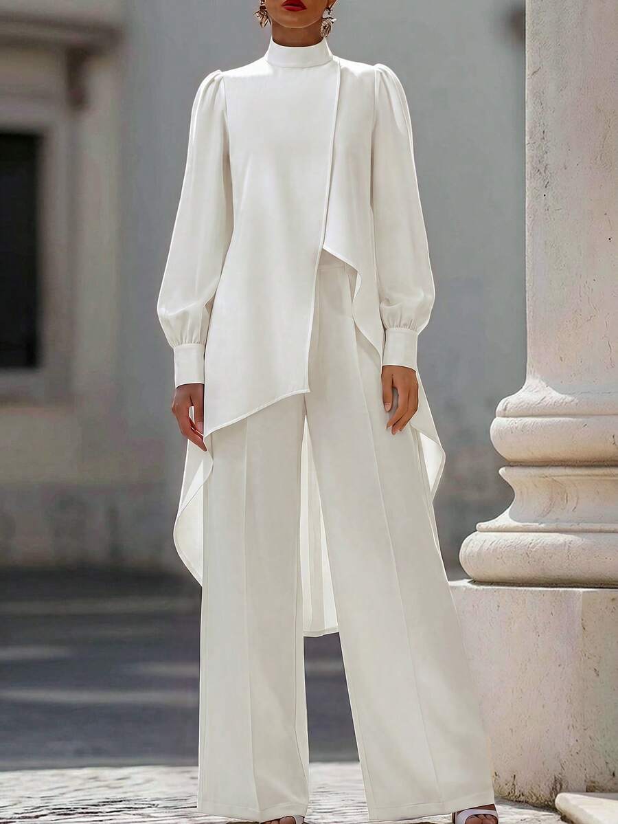 SHEIN Franclia Women's Solid Color Stand Collar Puff Long Sleeve Asymmetrical Hem Blouse And Wide Leg Pants Elegant 2 Pieces Set - White - View 1