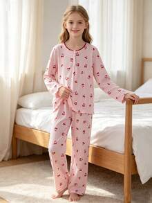 Tween Girl Cherry Print Top And Pants Loungewear - Pink - View 5
