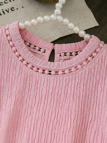 SHEIN LMoss Kids LMoss Young Girl Knitted Solid Color Round Neck Lace Ruffle Trim Fitted T-Shirt - Pink - View 6