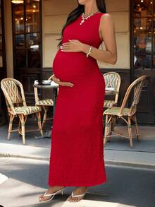 SHEIN 孕婦純色紋理圓領無袖修身優雅洋裝 - 紅色 - 查看 11