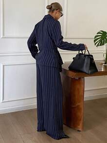 Livesso Setelan 2 Potong Wanita: Atasan Lengan Panjang Berkerah Kancing Depan Warna Biru Tua Polos dengan Celana Panjang Lebar - Navy Blue - View 2