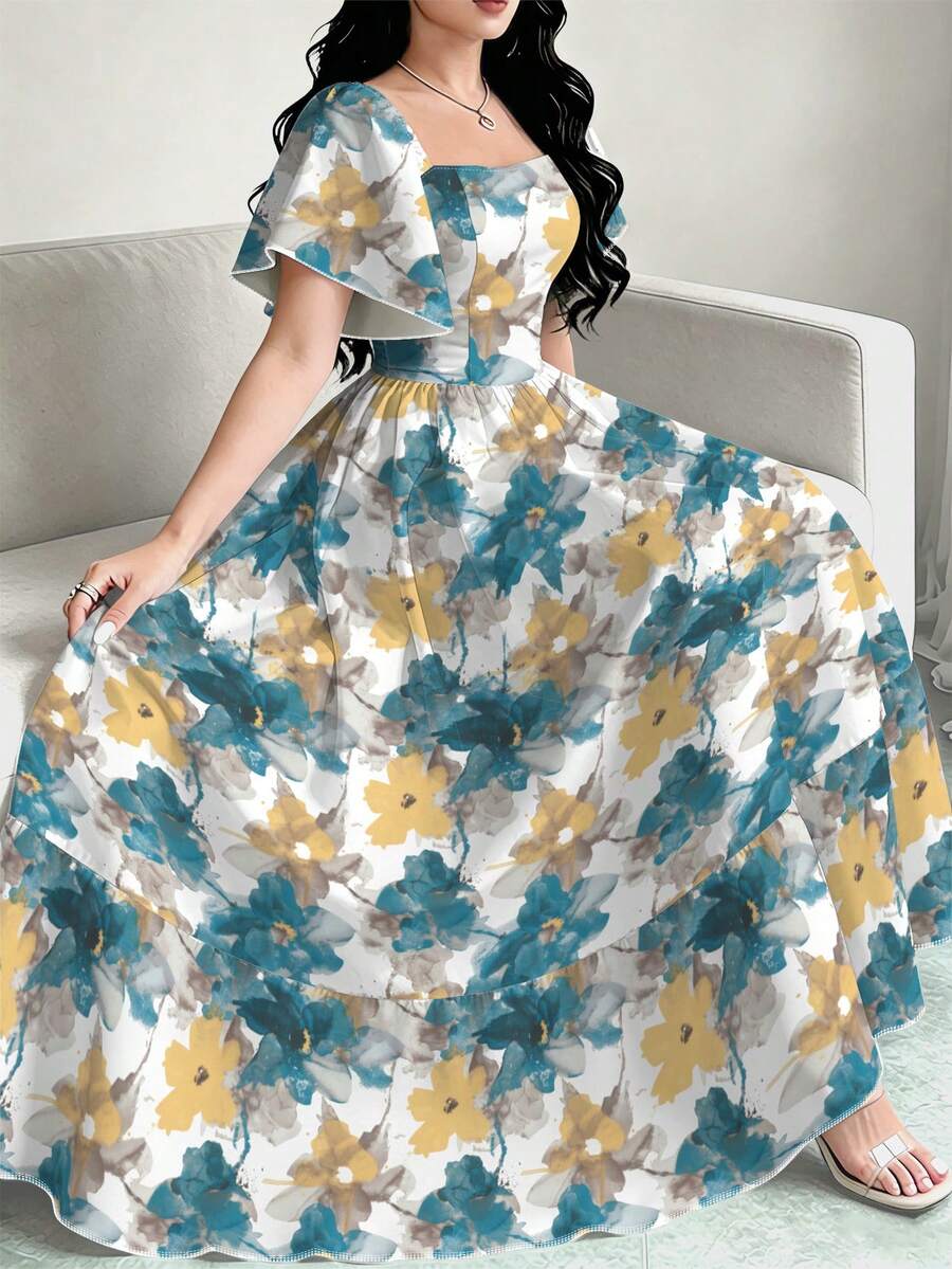 Modelyn 女款優雅度假風花卉印花抓皺方領洋裝 - 彩色 - 查看 1
