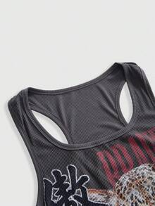 ROMWE Avant Women's Vintage New Chinese Style Leopard Print Chinese & English Graphic All-Match Versatile Tank Top Plus Size - Dark Grey - View 3