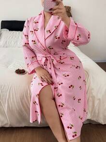 Napfluff CURVE Napfluff CURVE Plus Size Cherry Print Lapel Tie Striped Robe - Multicolor - View 4