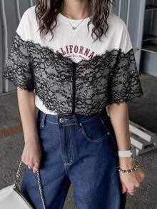 FRIFUL 女款蕾絲拼接休閒 2000s Y2K 街頭風 百搭日常穿著 T恤 白色 夏季 - 黑與白 - 查看 6