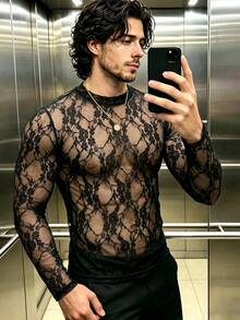ZURIURI Men's Elegant Streetwear Sexy Casual Lace Sheer Long Sleeve T-Shirt Halloween Club Party Black Floral Autumn - Black - View 6