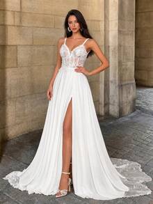 Firerie White,Summer,Elegant,Silky,Formal,Wedding Bride Luxurious Embroidery,Sequins,Lace & Chiffon Spliced Side High Slit, Open Shoulder Bridal Dress - White - View 7