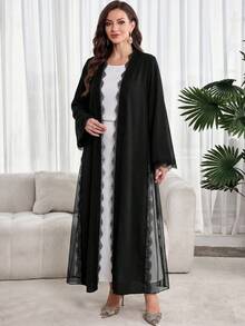 Al Najma Women's Solid Color Lace Patchwork Elegant Long Sleeve Abaya - Black - View 3