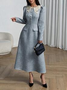 Modelyn 女款秋季長袖藍色粗花呢領飾假口袋鈕扣收腰A字優雅法式洋裝，適合早午餐與茶會 - 藍色 - 查看 3