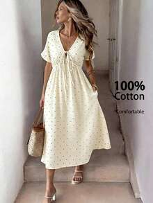 SHEIN LUNE 100%纯棉白色印花V领A字中长连衣裙，适合休闲度假、法式度假、波西米亚风、休闲通勤、复古风格、春夏穿着。 - 杏色 - 查看 1