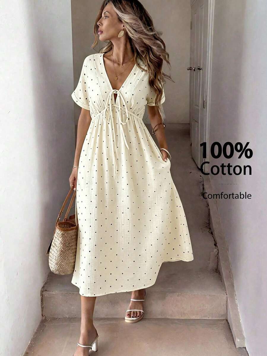 SHEIN LUNE 100%纯棉白色印花V领A字中长连衣裙,适合休闲度假、法式度假、波西米亚风、休闲通勤、复古风格、春夏穿着。 - 杏色 - 查看 1
