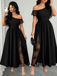 Elenzga Women's Plus Size Spring Summer Autumn Black Long Dress, 3D Floral Mesh Patchwork Knit Fabric, Asymmetrical Shoulder Short Sleeve, Cinched Waist, A-Line, Elegant Casual For Daily Wear, Home, Office, Beach, Vacation, Holiday, Romantic Gathering, Date, Wedding Guest, Party - Multicolor - View 1