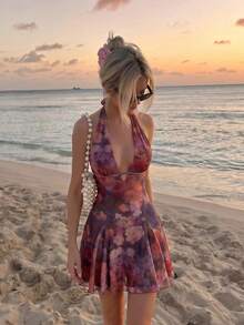 SHEIN MOD Vintage tropisches sexy bedrucktes Neckholder-Mini-Kleid mit Cut-out und Schleife, dunkelbraun, für Sommer, Herbst, Strandurlaub, Nachtausgang, Party, Country-Konzert, Blumenmuster - Verschiedenfarbig - Übersicht 2
