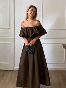 Livesso Women's Vintage Brown Solid Color Ruffle Ruffle Waist-Cinched Full Skirt Denim Dress - Brown - View 4