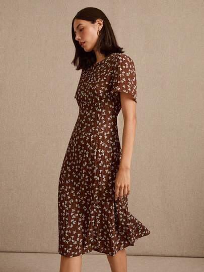 lacRébo Romantic Brown Midi Dress With Blue Floral Print, Short Sleeves And Front Opening