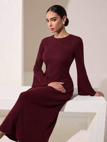 Graceveil Women's Round Neck Long Sleeve Slim Fit Flattering Autumn/Winter Sweater Dress - Burgundy - View 7
