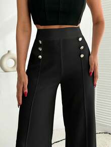 EURMUSE Pantalón palazzo de pierna ancha blanco con detalle de botón - Negro - Ver 3