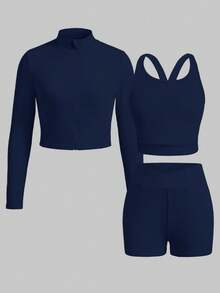 SHEIN Girlism 青少年女孩運動服裝海軍藍兒童藍色針織長袖立領拉鍊外套背心內搭褲3件套運動套裝 - 藏蓝色 - 查看 3
