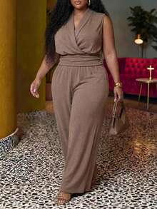 Veslaya 2026 Spring/Summer Women's Plus Size New Bold Classy Feminine Style Tummy Control Fit Breathable Elegant Casual Romantic Chocolate Brown 2 Pieces Set - Khaki - View 5