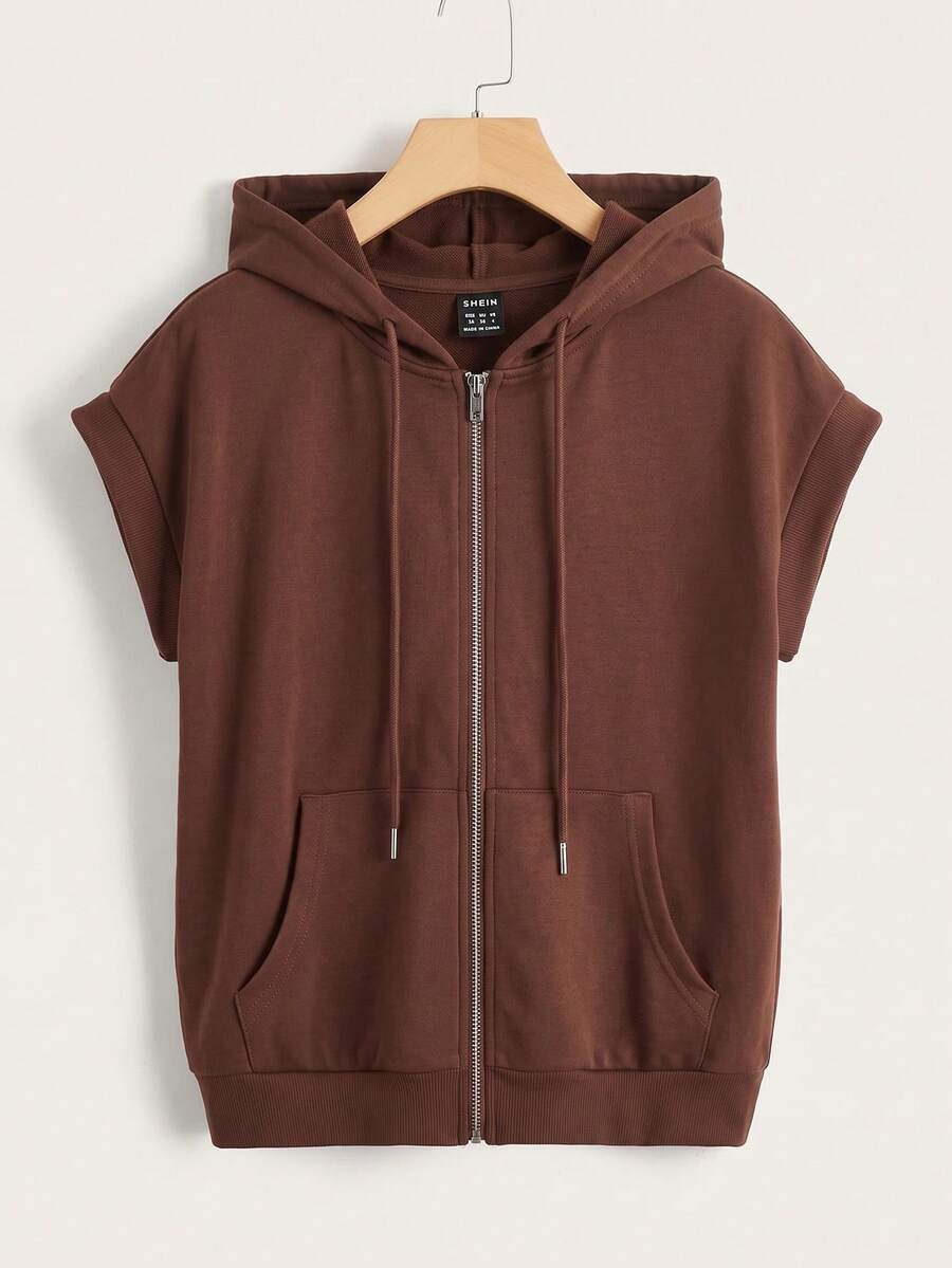 SHEIN EZwear 拉鍊前口袋設計抽繩連帽衛衣 咖啡棕色 夏季休閒日常旅行健身 - 棕色 - 查看 1