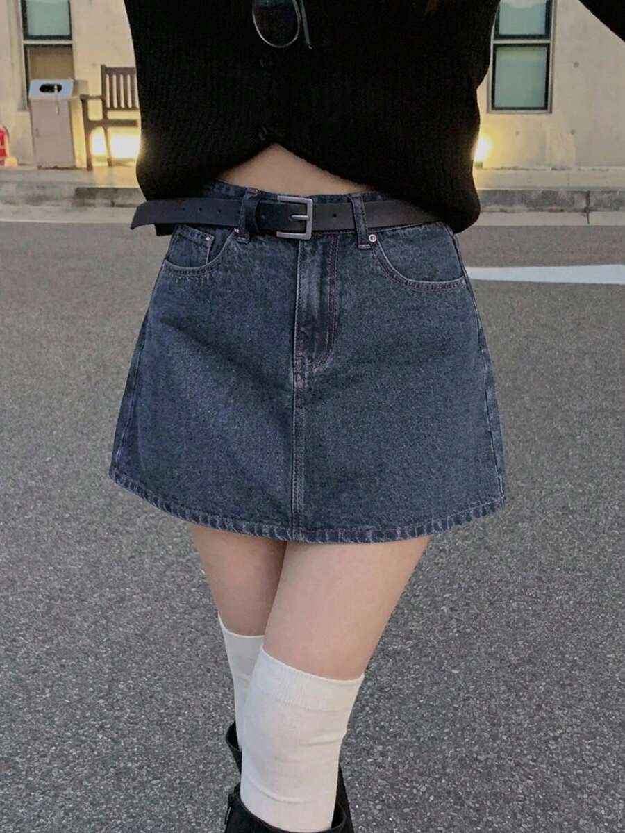 DAZY 女款休閒水洗牛仔裙 春夏牛仔裙可愛上衣 - 中等水洗藍 - 查看 1